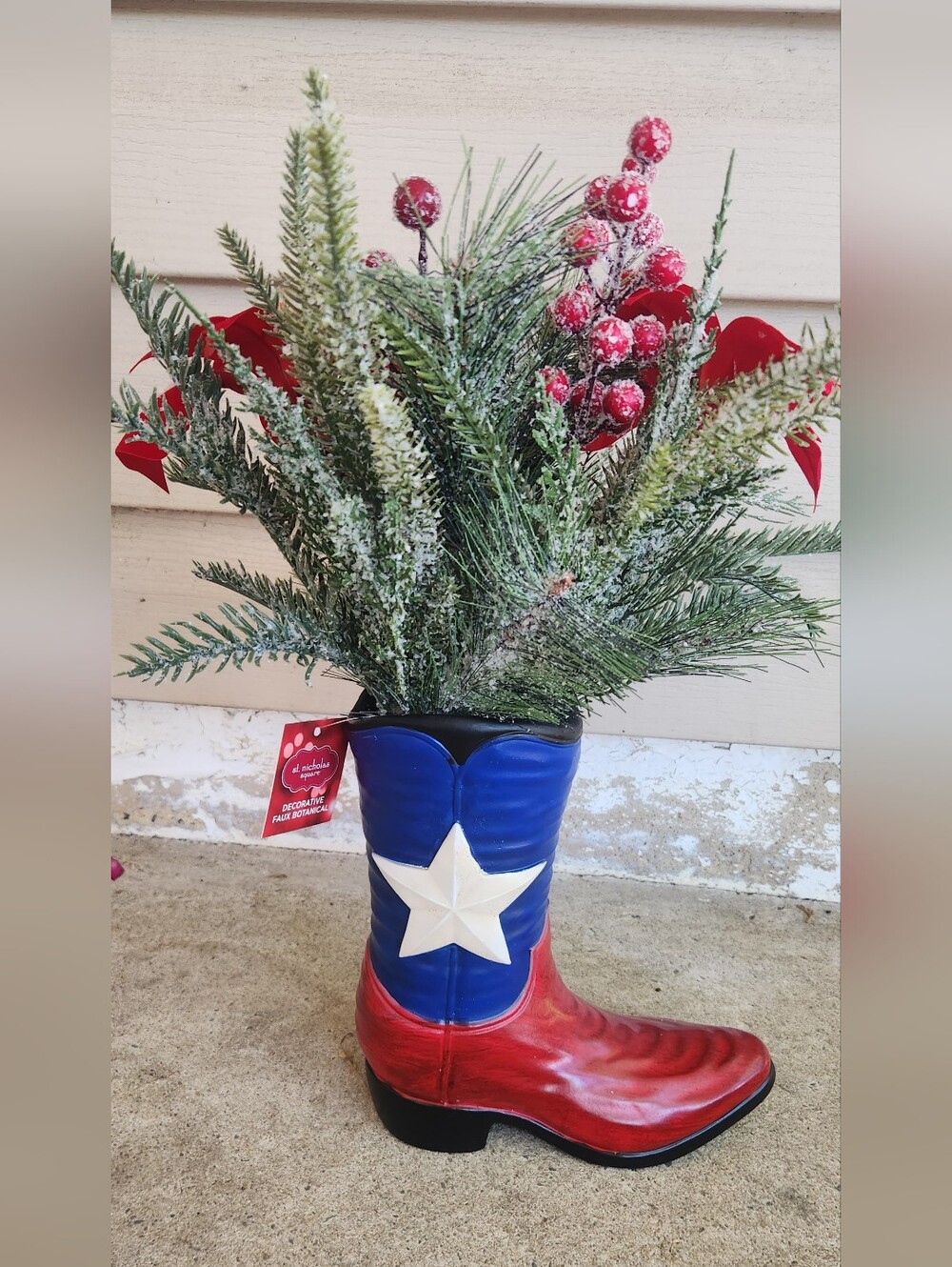 Festive Texas Cowboy Boot Faux Poinsettia Pine Bouquet Christmas Decor - Picture 10 of 11